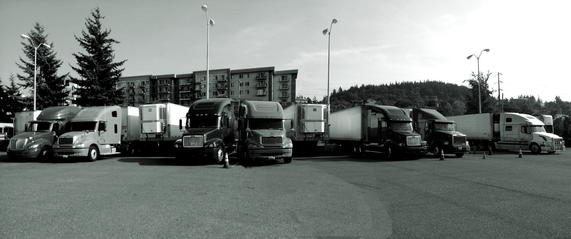 Panorama of heavy-dutytrucks in truck yard